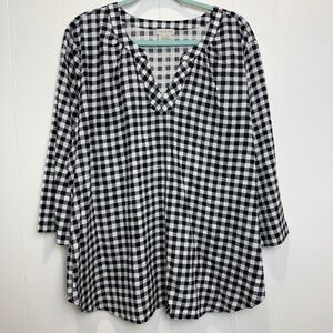 Van Heusen Navy and White Gingham Cotton V-neck Top Size XL